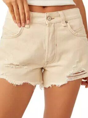 We The Free Now or Never Ecru Distressed Denim Shorts 31 NWOT